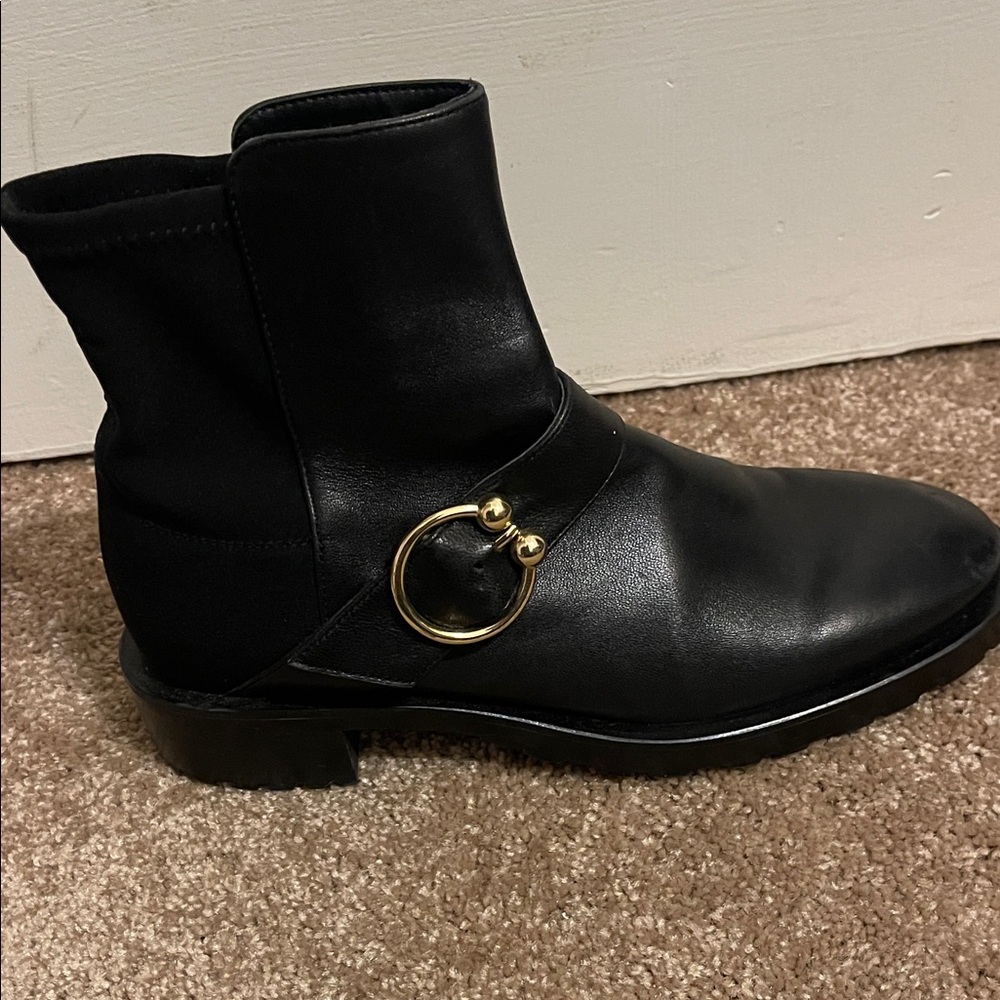 Stuart Weitzman Black Ankle Boots with Gold Ring